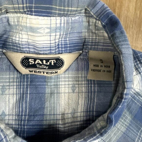 Salt Valley Western Cowboy Pearl Snap Blue Plaid Long Sleeve Shirt Size Small - Picture 2 of 7